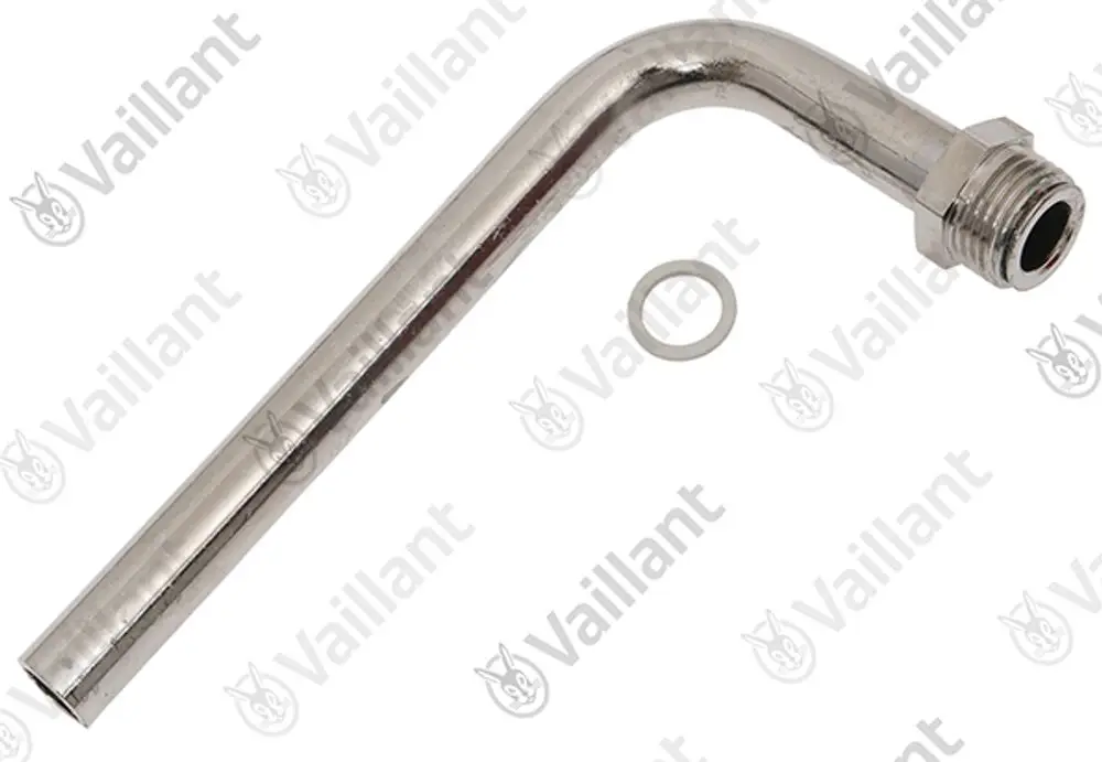 Verchromtes Gasrohr von Vaillant mit einem gebogenen Ende und Außengewinde. Enthält einen O-Ring. Verwendung in Heizsystemen zur Gasleitung.